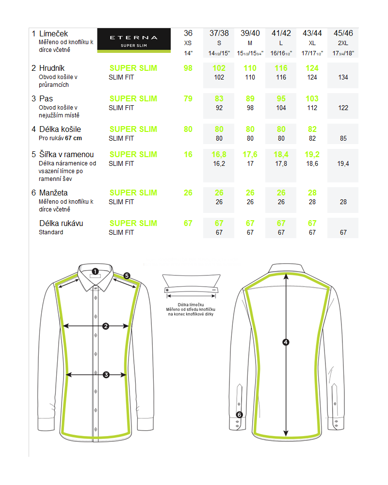 Velikostní tabulka pánské košile ETERNA Super Slim