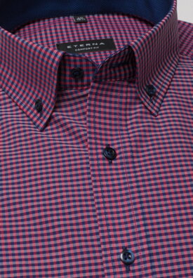 Button-down košile ETERNA Comfort Fit červeno modrá károvaná s kontrastem Non Iron Popelín - Krátký rukáv