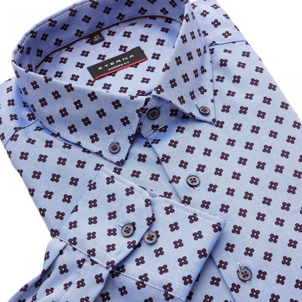 ETERNA Modern Fit pánská košile Button-down světle modrý Oxford s vínovým květinovým vzorem Non Iron