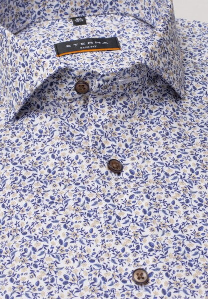 ETERNA Slim Fit košile dlouhý rukáv 100% bavlna Non Iron modro okrový květinový vzor