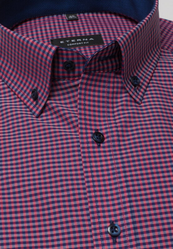Button-down košile ETERNA Comfort Fit červeno modrá károvaná s kontrastem Non Iron Popelín - Krátký rukáv