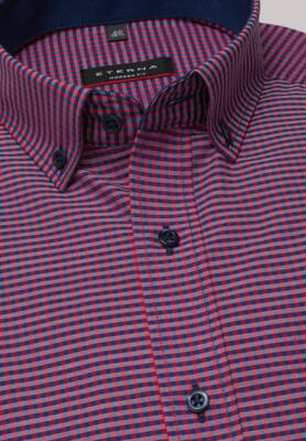 Button-down košile ETERNA Modern Fit tmavě červeno modrá károvaná s kontrastem Non Iron Popelín - Krátký rukáv